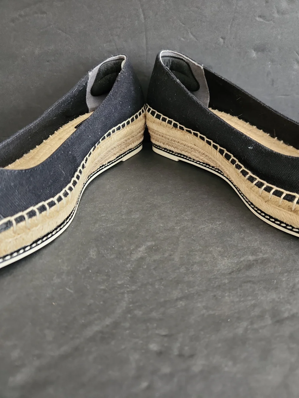 Tory Burch Espadrille Flat Logo Black Leather Canvas Women Size 8.5